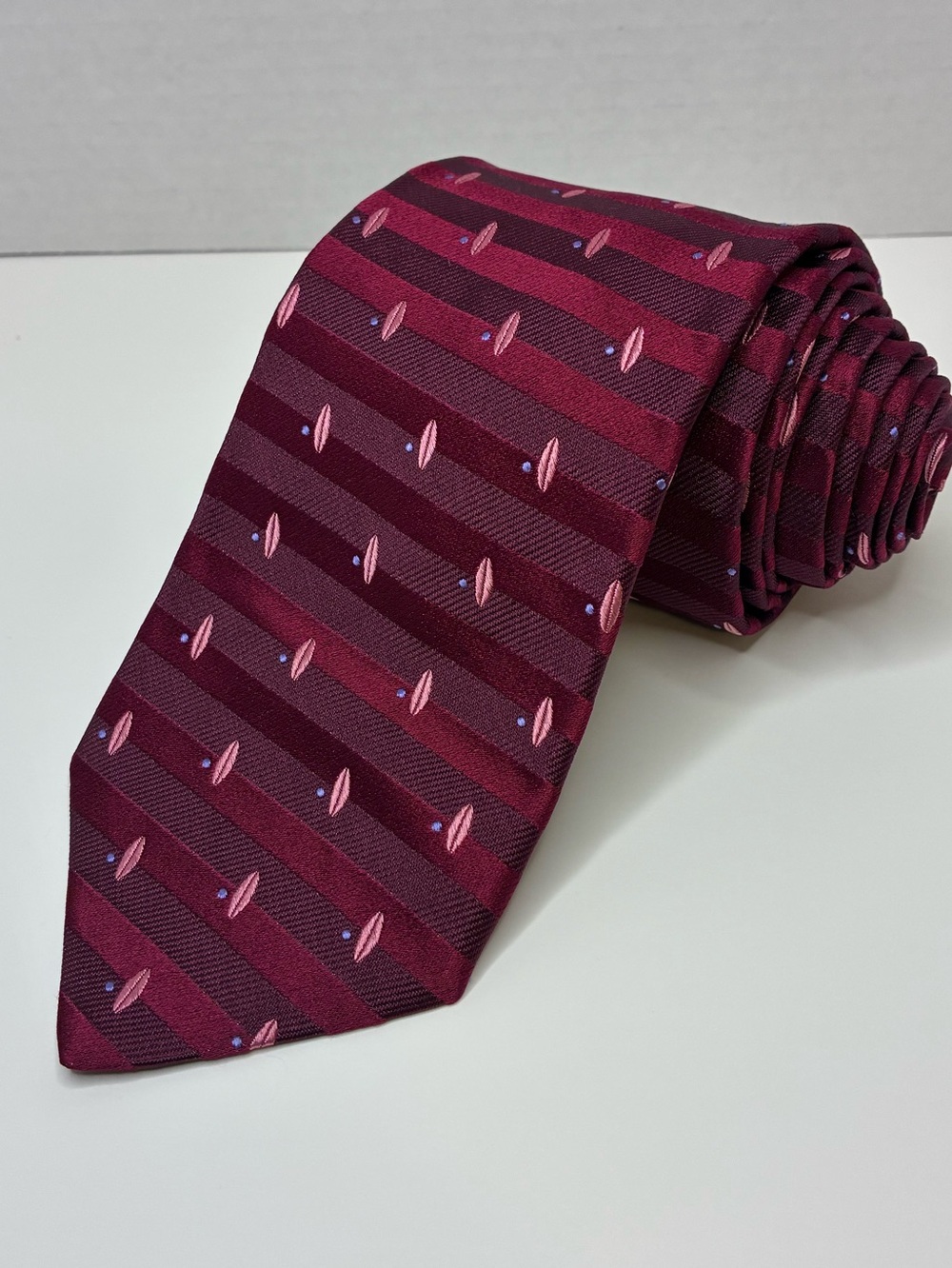 Ted Baker London Silk Necktie Mens Maroon Burgundy Pink Striped Geometric Tie